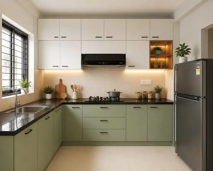 Green & white L-shaped kitchen – modular design idea