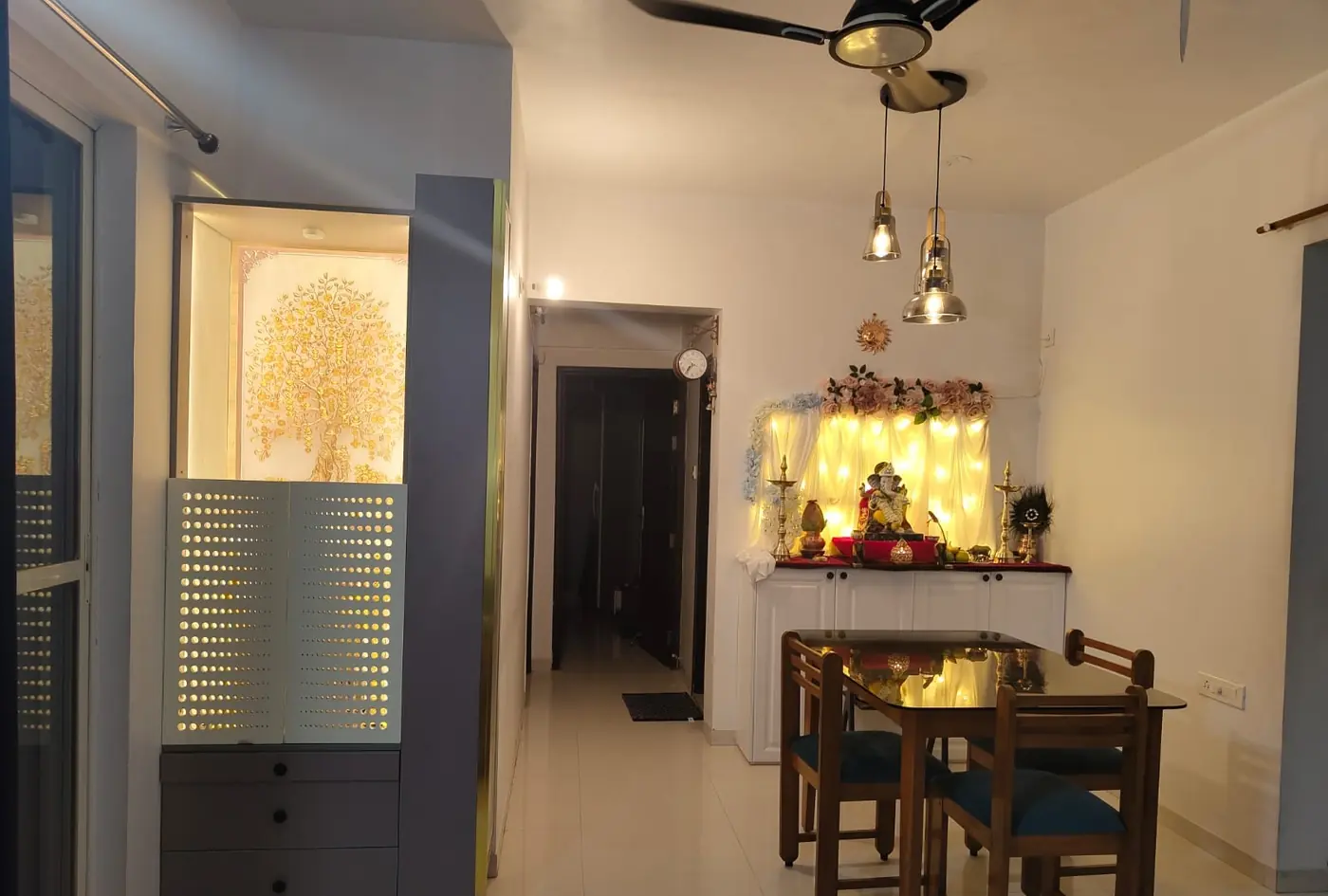 Modular pooja unit with backlit kalpavriksha panel and jaali shutters, Pune